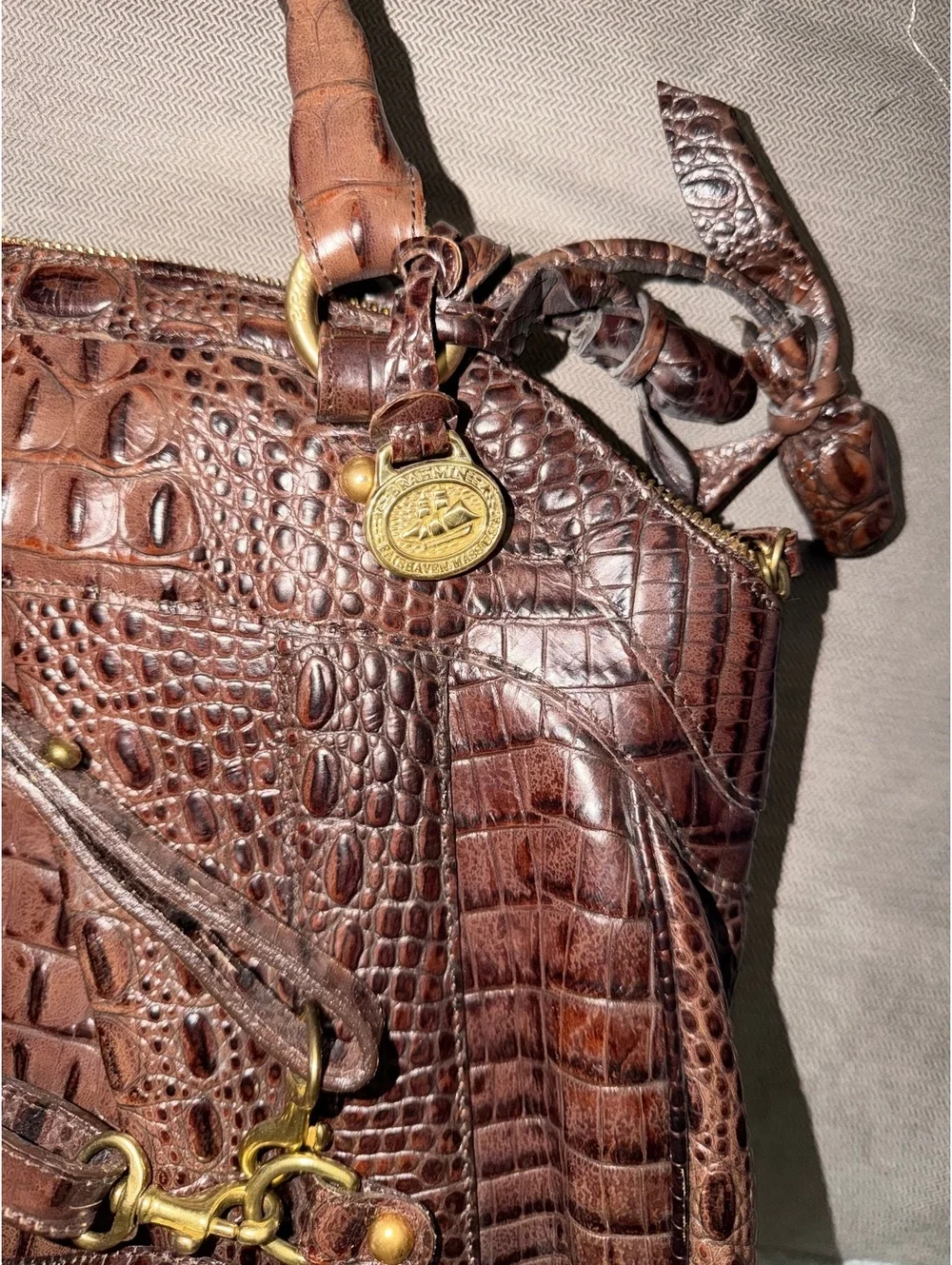 BRAHMIN LOUISE ROSE MAGNIFICENT MELBOURNE CROC PECAN LEATHER SATCHEL HANDBAG